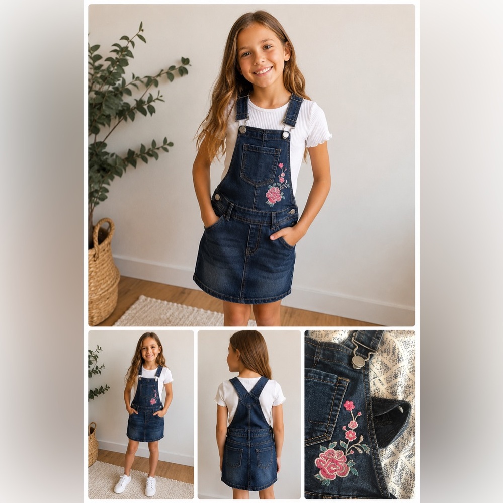Silver Jeans Co Denim Overall Skirt with Pink Rose Embroidery